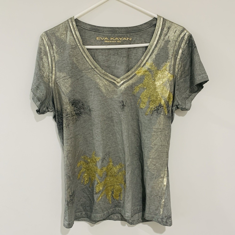 EVA KAYAN Metallic Graphic T Shirt Screen Print Medium Palm Tree Glitter Errands